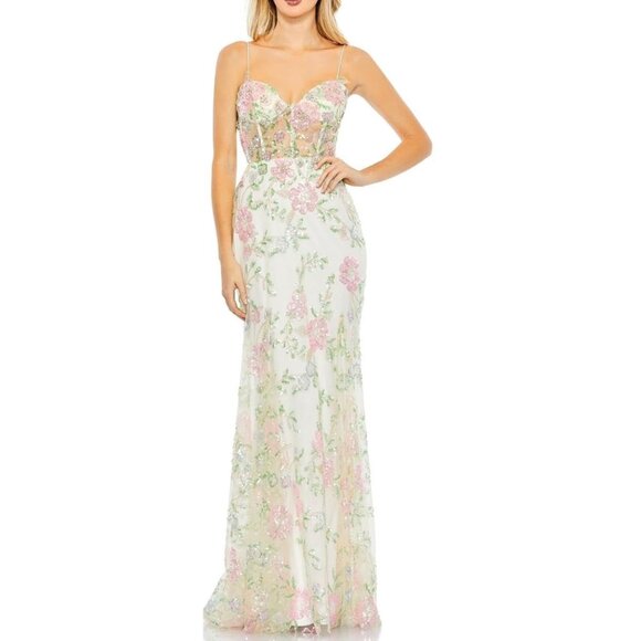 Mac Duggal Corset Floral Sequin Embellished Gown Maxi Dress Size 6 NWT 68180